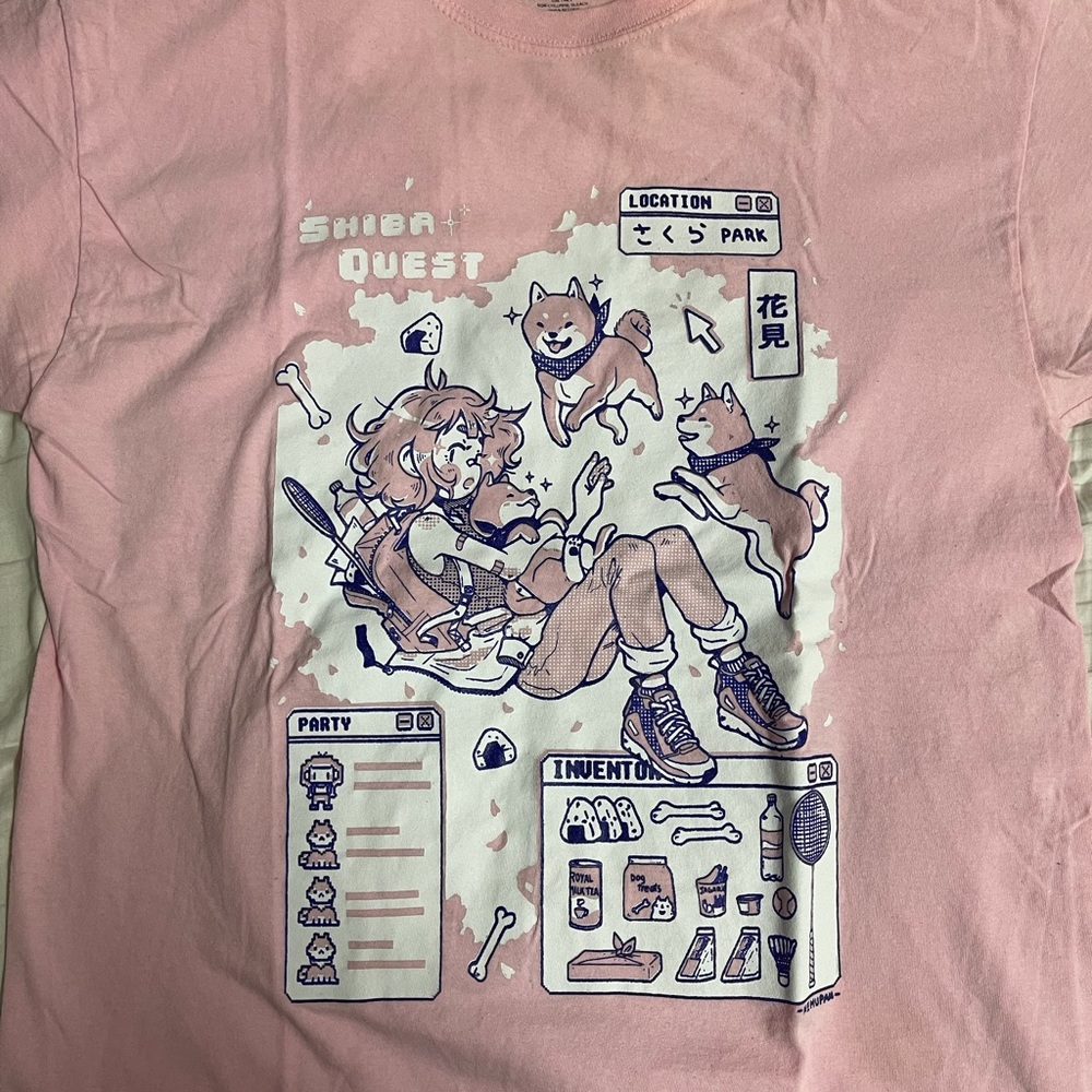 Cute Pink Short-Sleeve Shiba Quest Size M